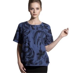 🛍️ MADEWELL Blue black Embroidered Short sleeve Botanical Top Blouse size Small